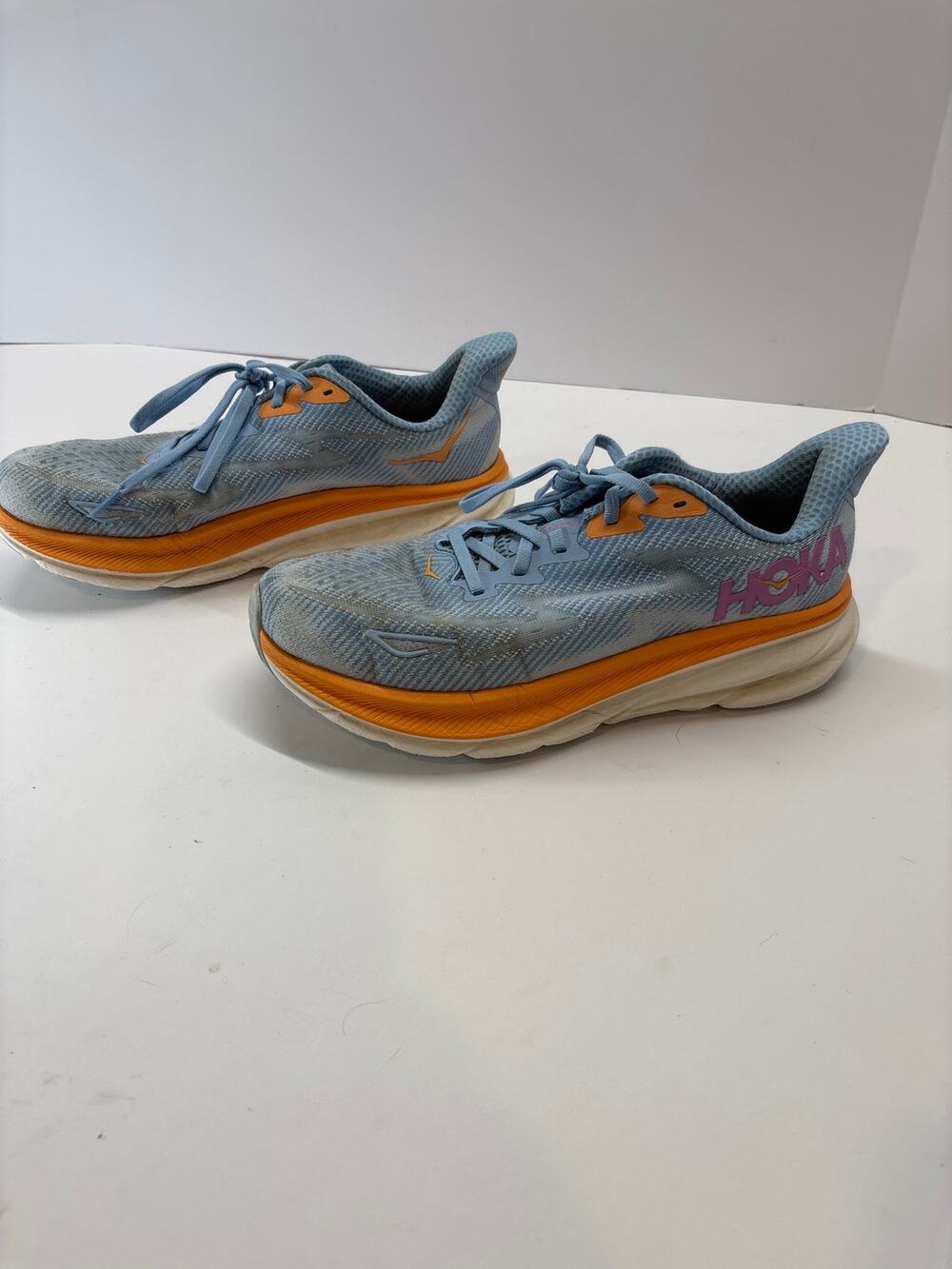 Hoka Clifton Men’s Size 9.5 D Blue Orange Running Shoes Athletic Sneakers